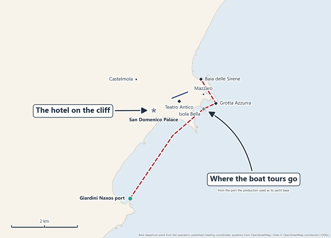 Map of Taormina showing the San Domenico Palace on the cliff, the Teatro Antico, the funivia to Mazzaro, Isola Bella, the Grotta Azzurra and Baia delle Sirene coves, and the boat tour route from the Giardini Naxos port